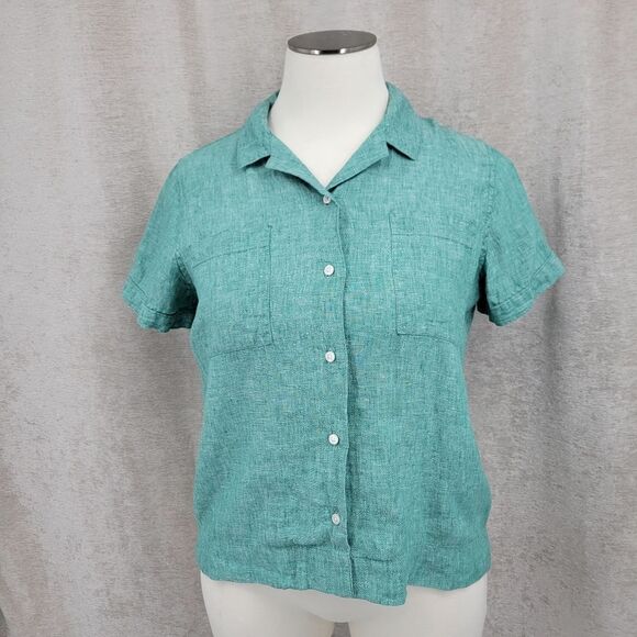 L.L. Bean Teal -ish Linen Short Sleeve Button Down Shirt Top Women's XL - Picture 1 of 12